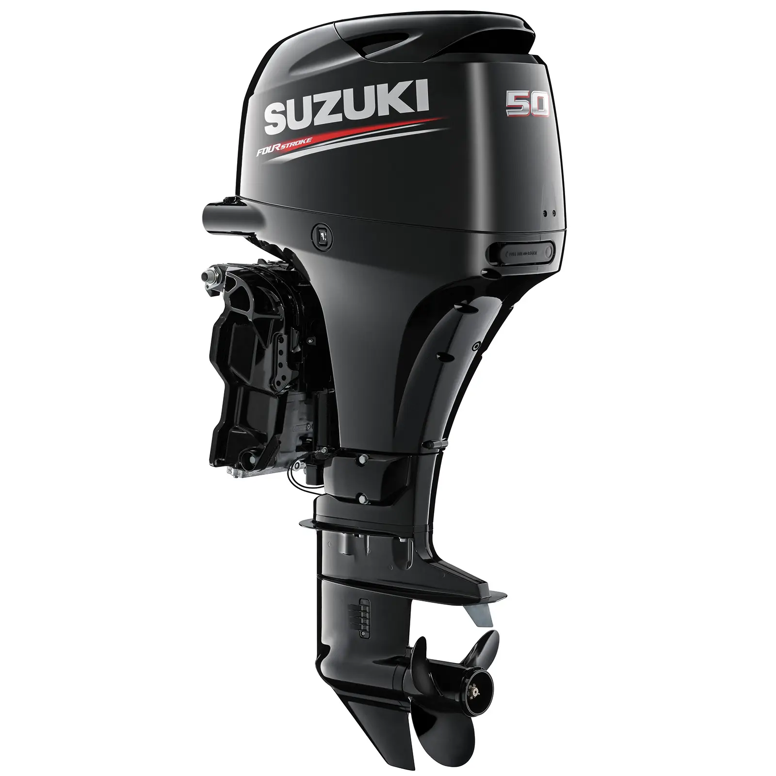WEBDF50A_a A sleek black outboard motor with propeller and control panel details.