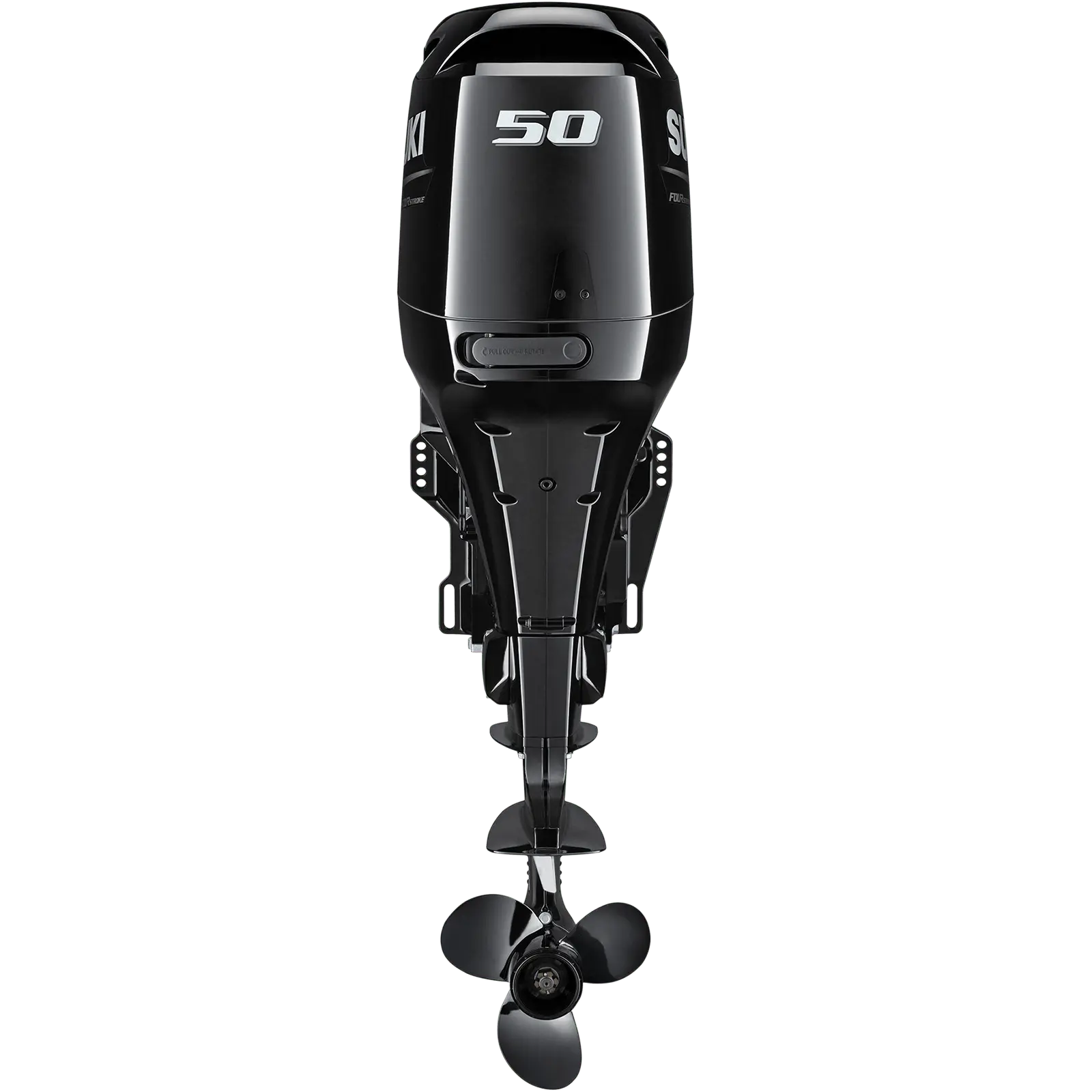 A sleek black outboard motor with propeller and number 50 prominently displayed.