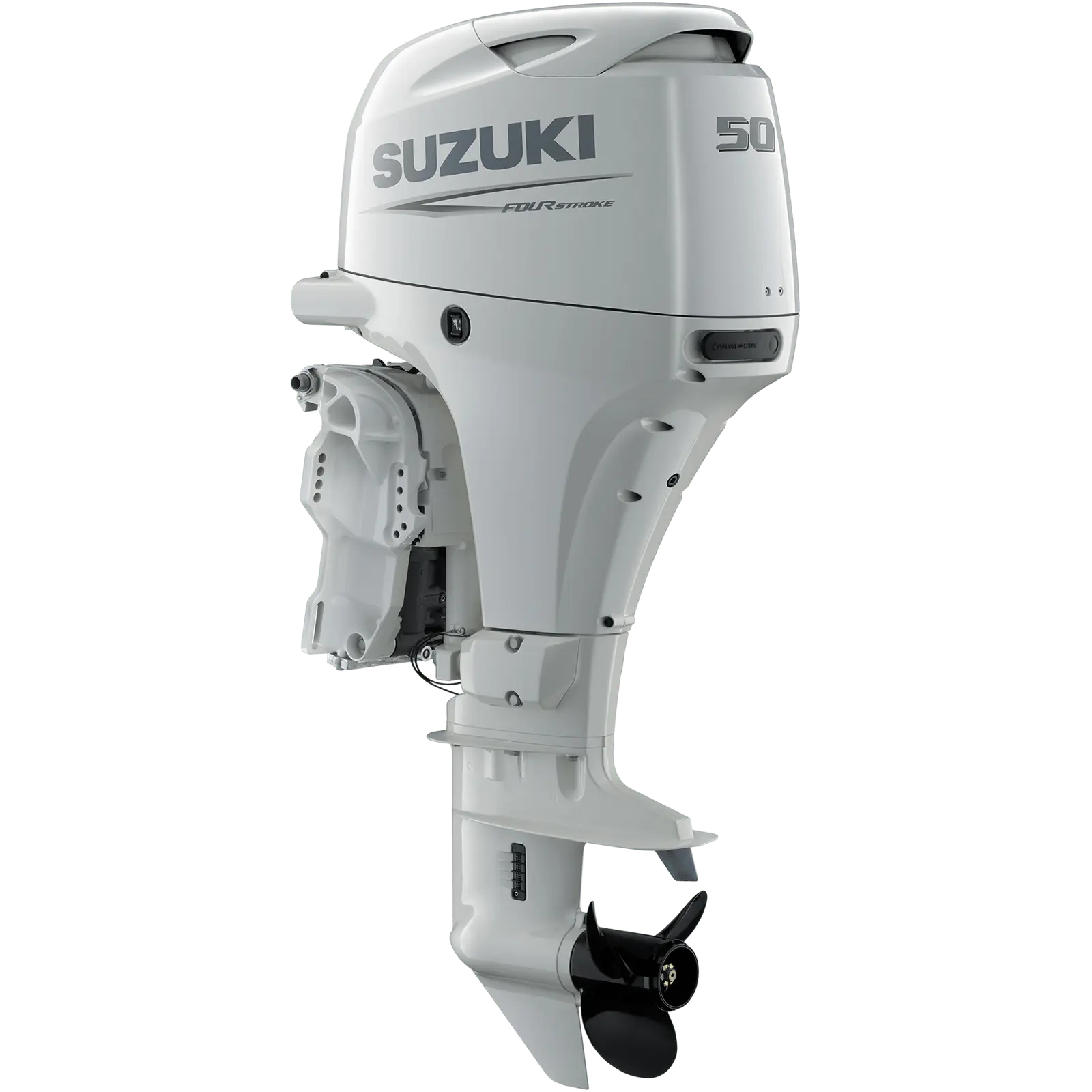 A white outboard motor with propeller attached.