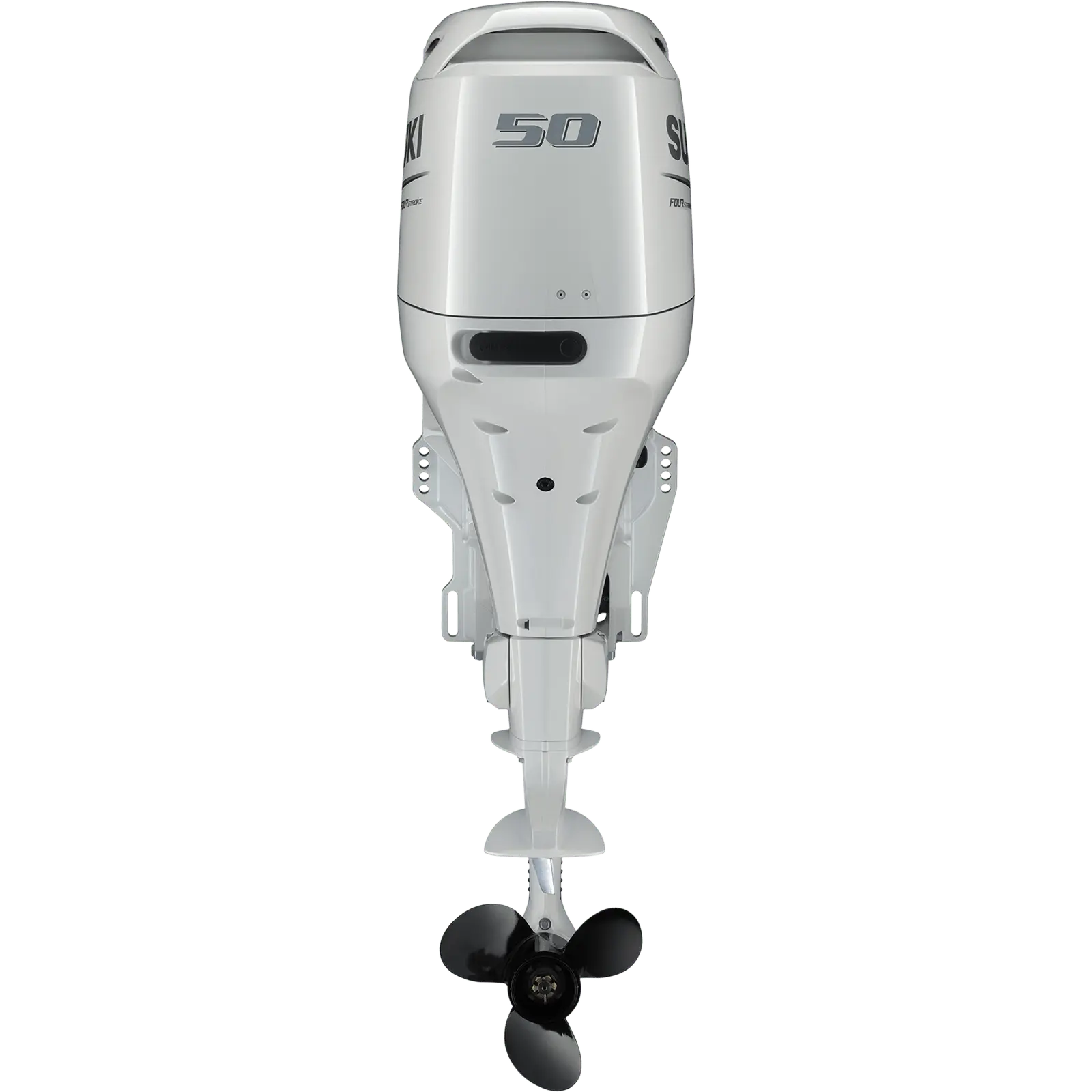 A white outboard motor with propeller at bottom.