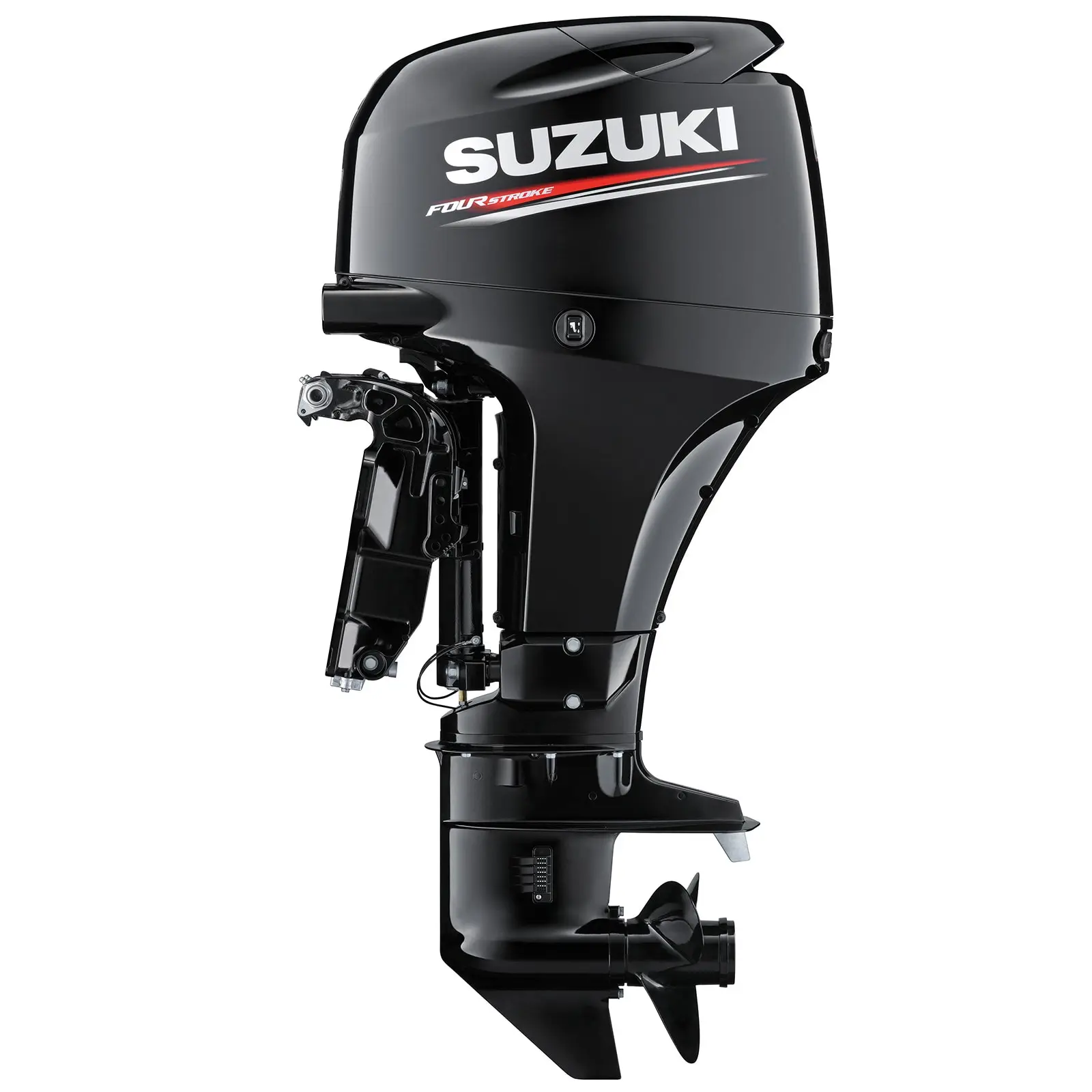 A sleek black outboard motor with red and white branding.
