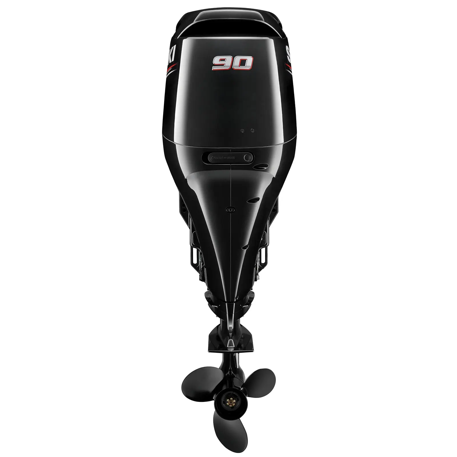 Black outboard motor with 90 horsepower rating and three-blade propeller.