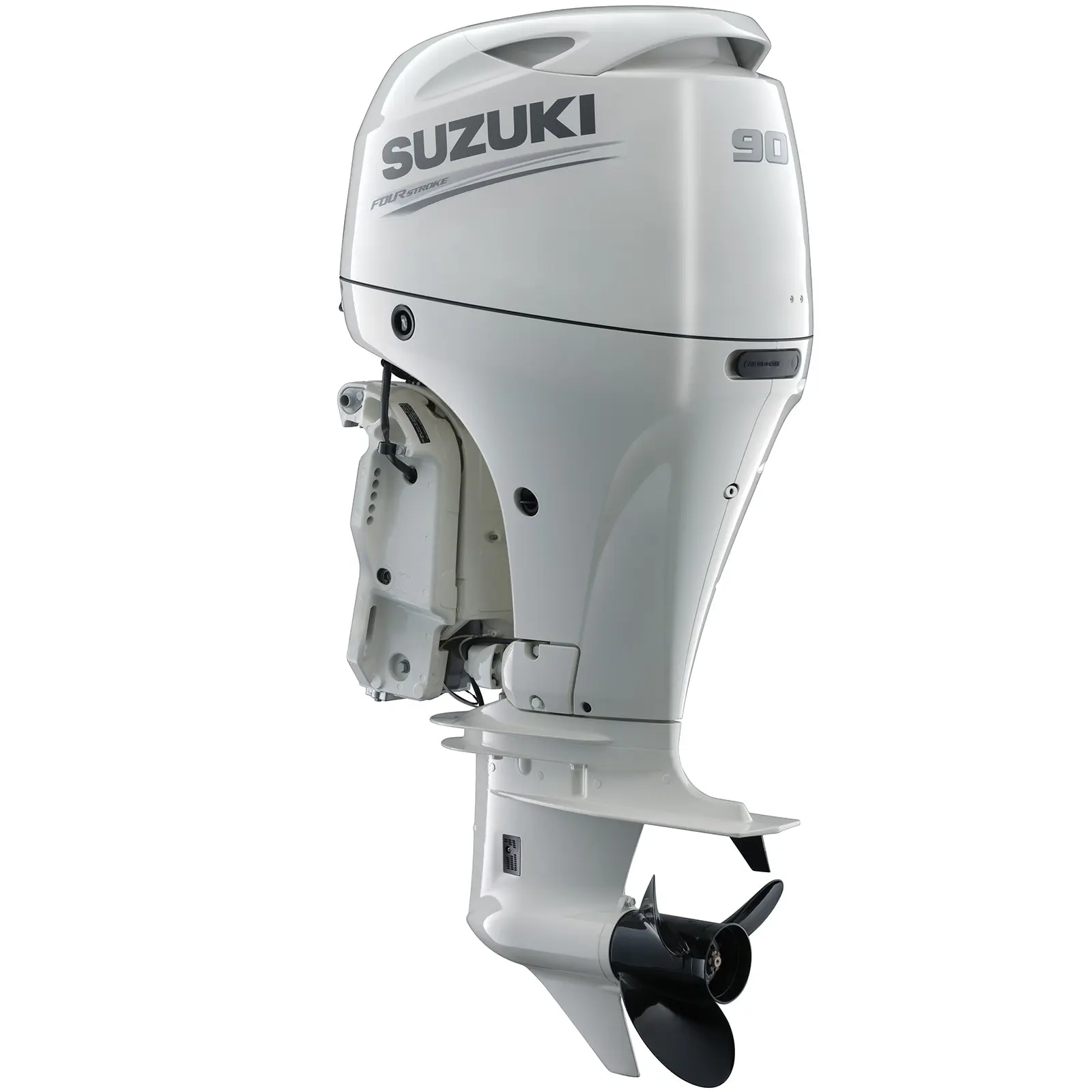 A white outboard motor with propeller and control panel details.