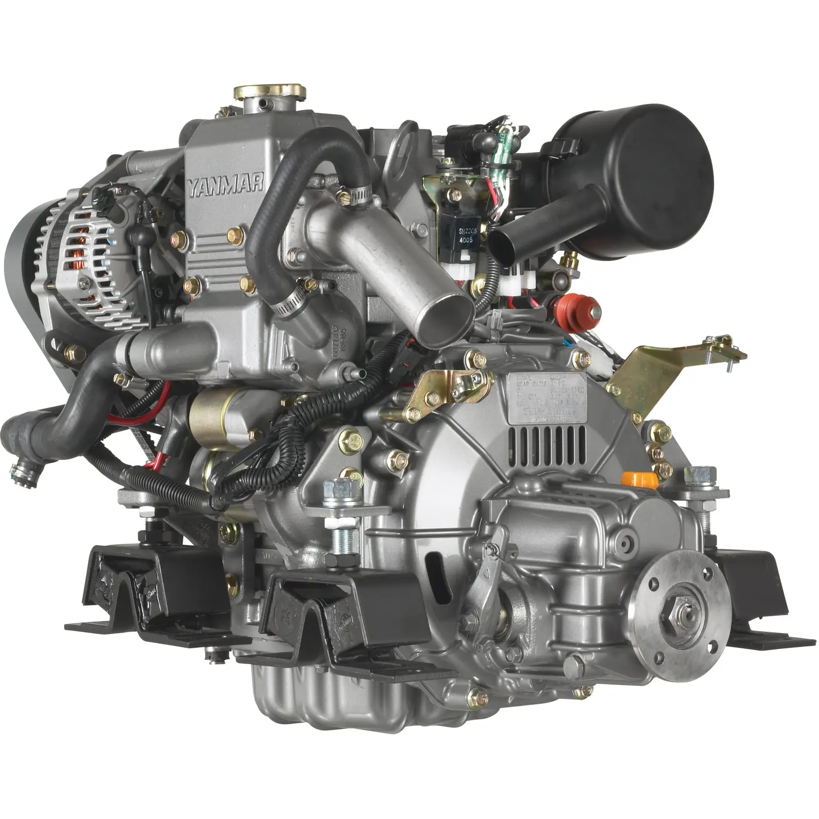 A Yanmar diesel engine with various components and hoses attached.