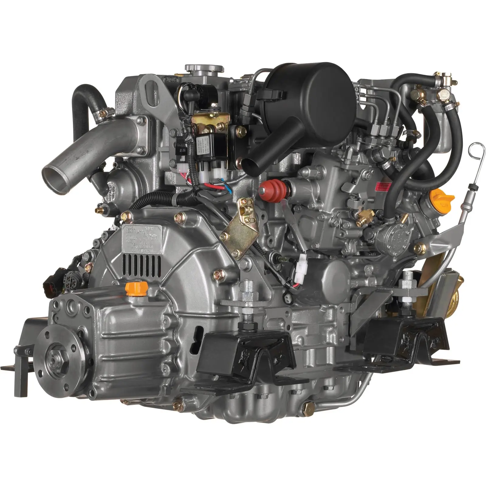 A complex mechanical engine assembly with various pipes and components.