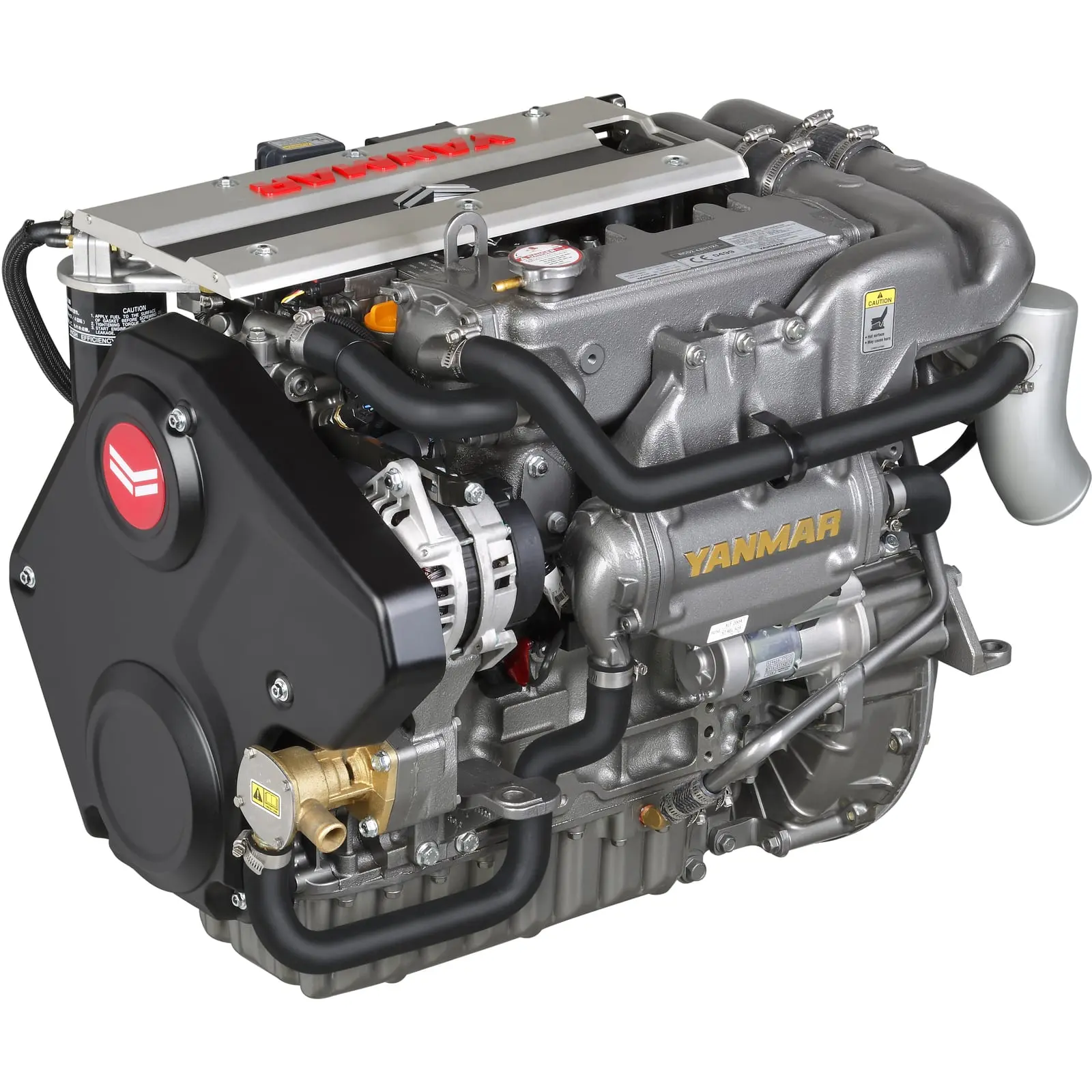 A Yanmar diesel engine with various components and hoses connected.