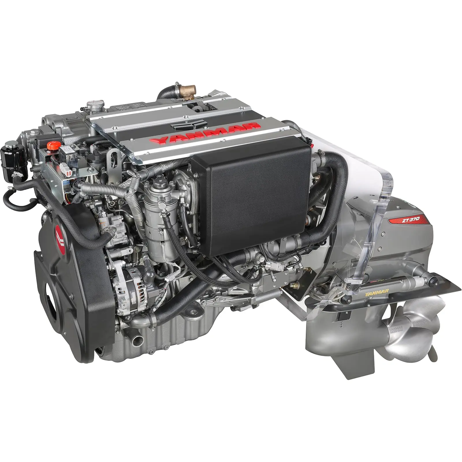 A Yanmar outboard motor with propeller and engine components shown.