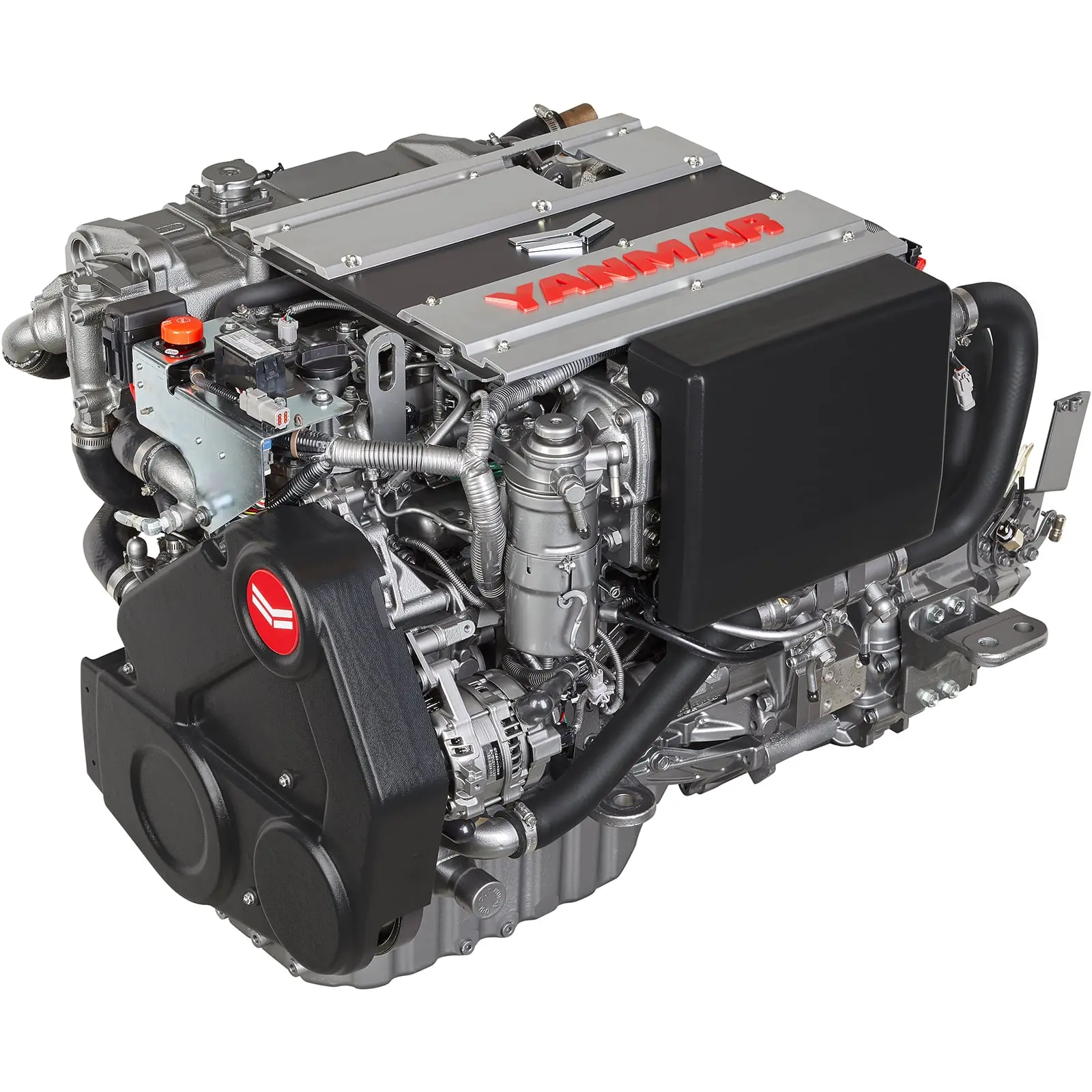 A Yanmar diesel engine with various mechanical components and hoses.