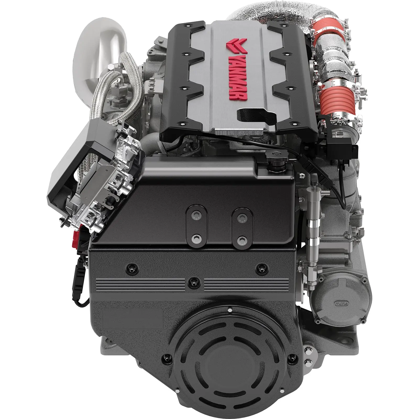 A compact engine with various components and hoses attached.