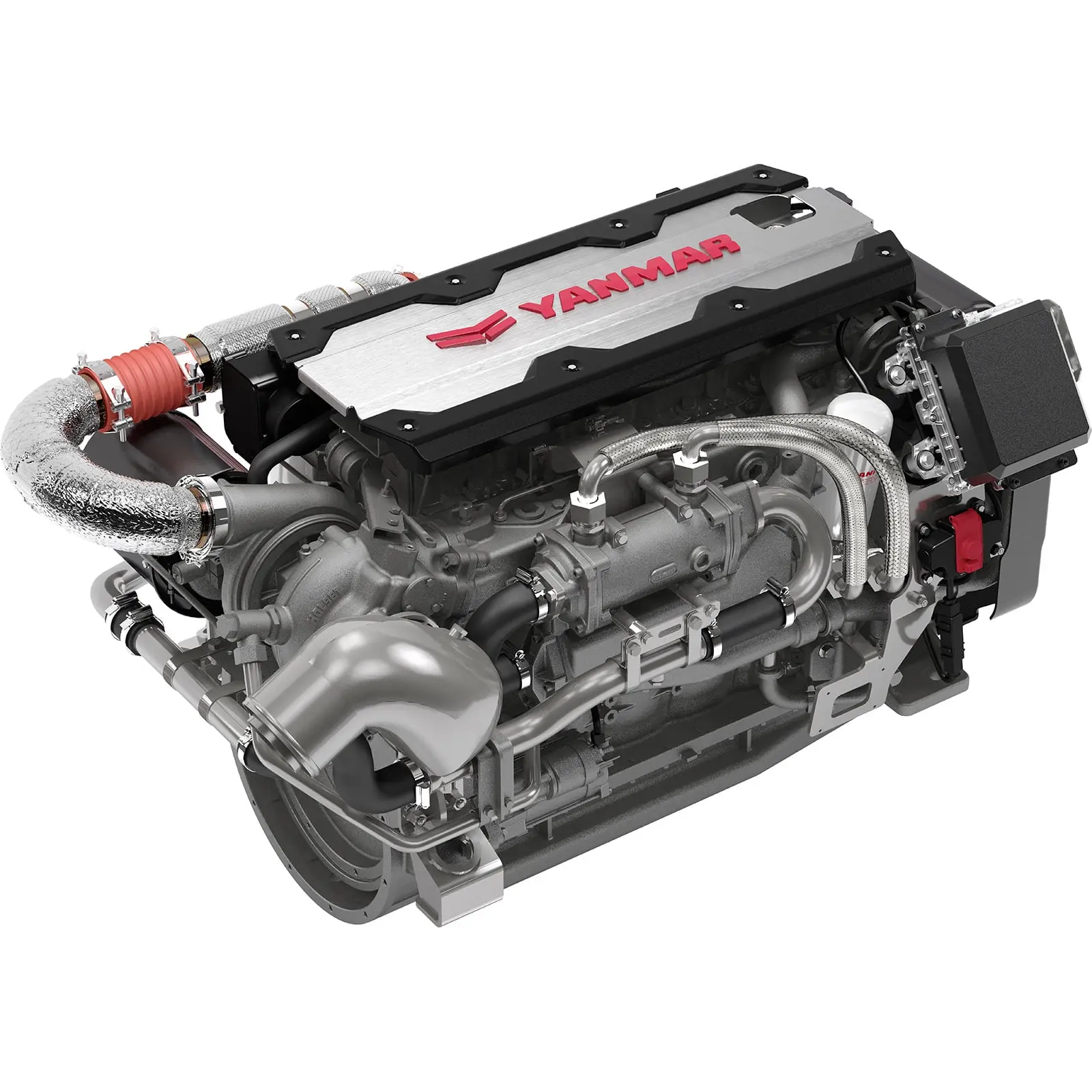 web6lf550_a A Yanmar engine with exposed components and red branding on top.
