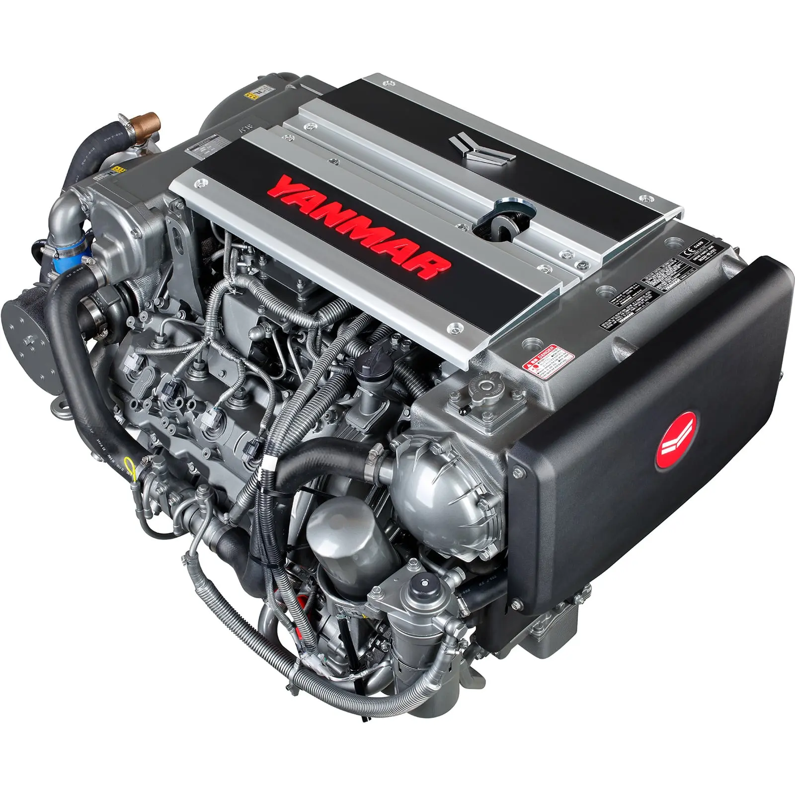 A Yanmar diesel engine with various hoses and components exposed.