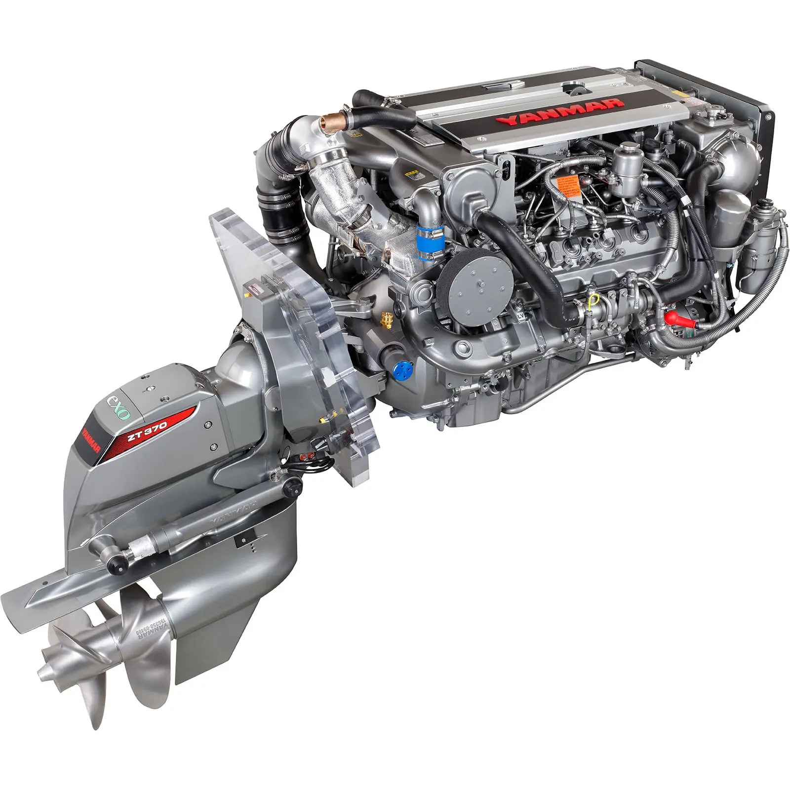A Yanmar marine engine with propeller and exhaust system.