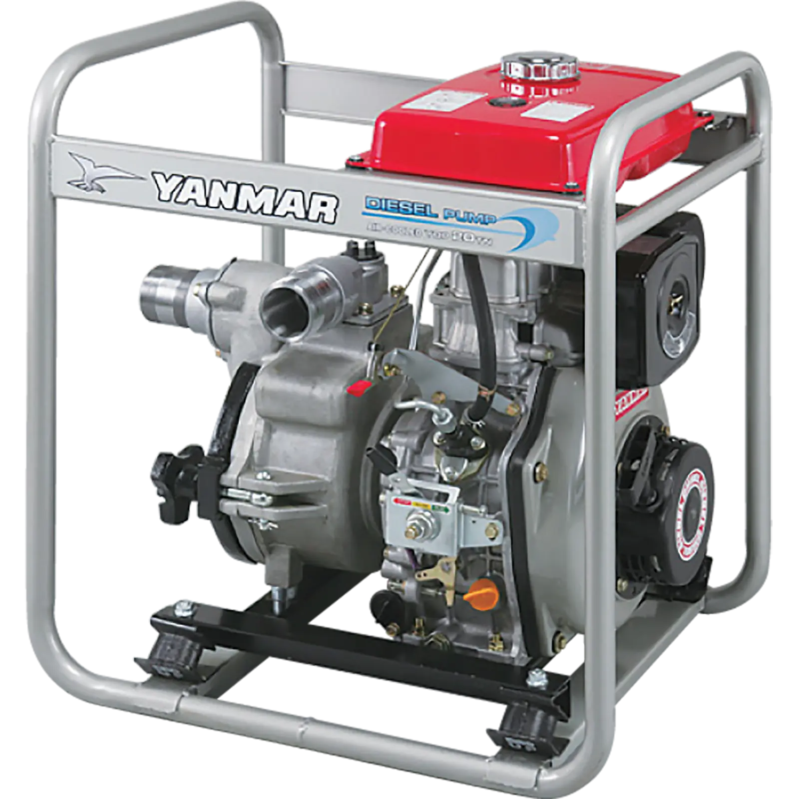A Yanmar diesel pump with red and silver components sits on a metal frame.