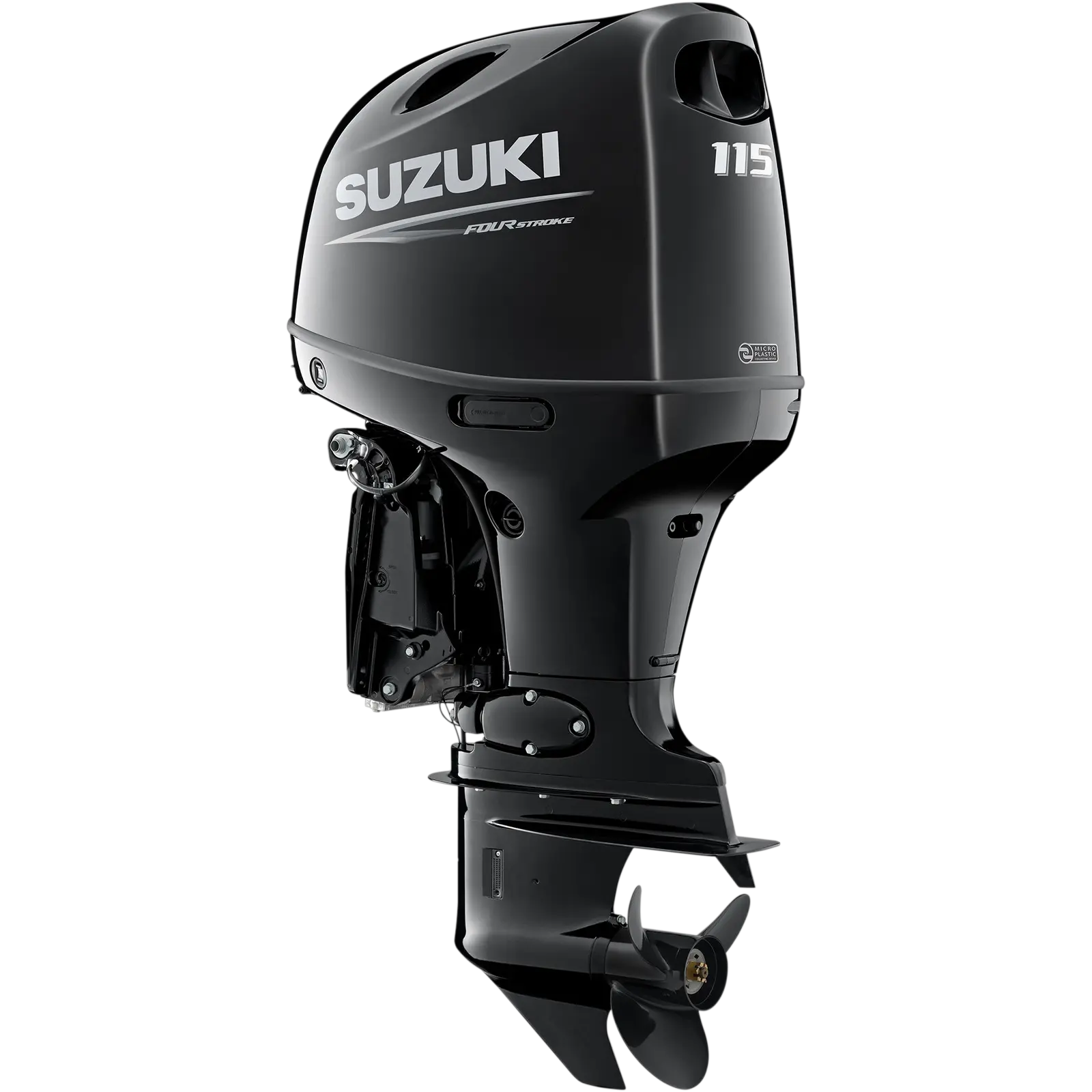 A sleek black outboard motor with propeller and branding details.