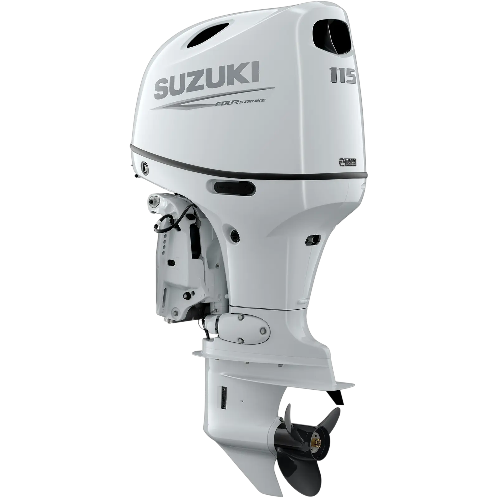 White outboard motor with propeller and Suzuki branding.
