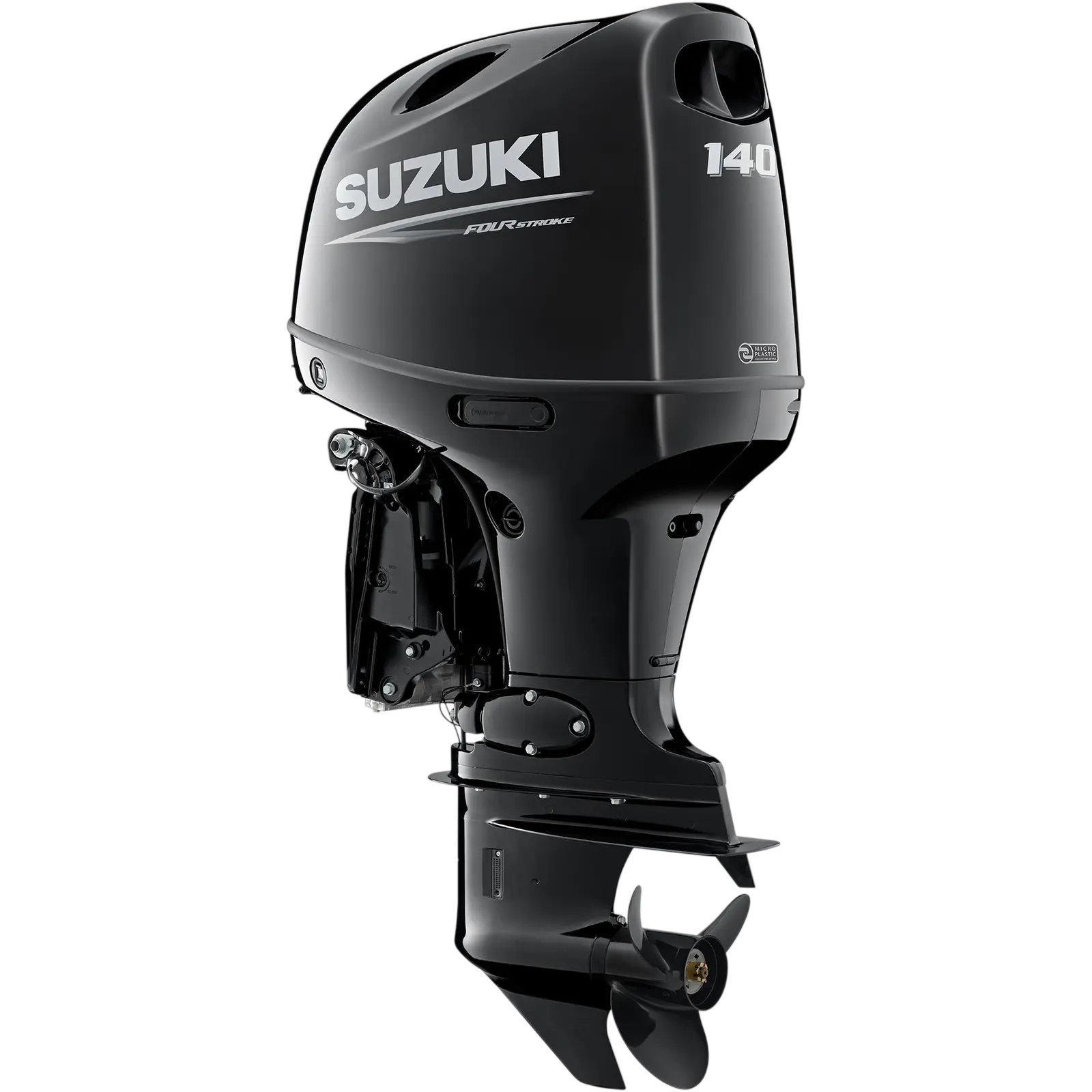 A sleek black outboard motor with propeller and branding details.