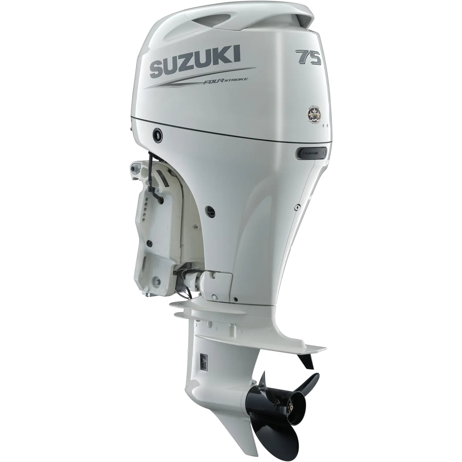 A white outboard motor with propeller and branding details.