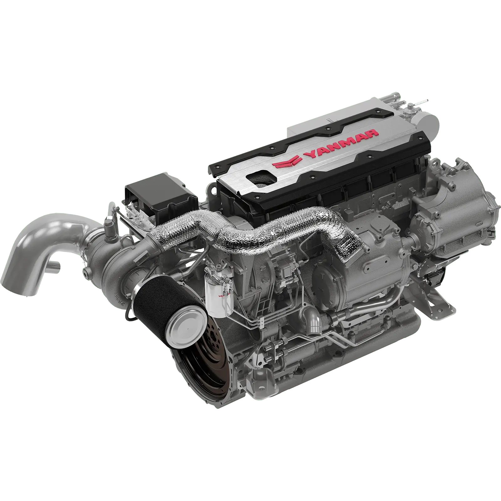A Yanmar engine with exposed components and air intake hose.