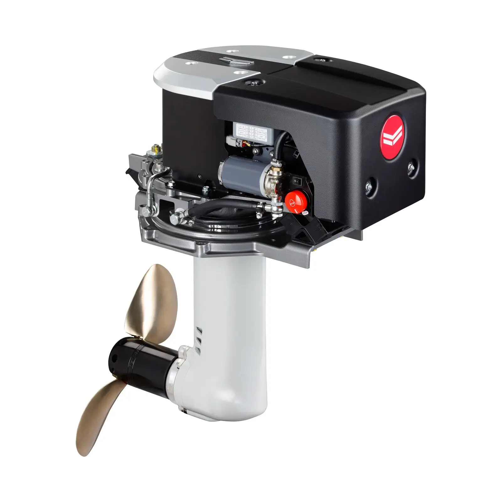 A black and silver outboard motor with gold propeller attached.
