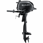 A black outboard motor with handle and propeller is shown against white background.