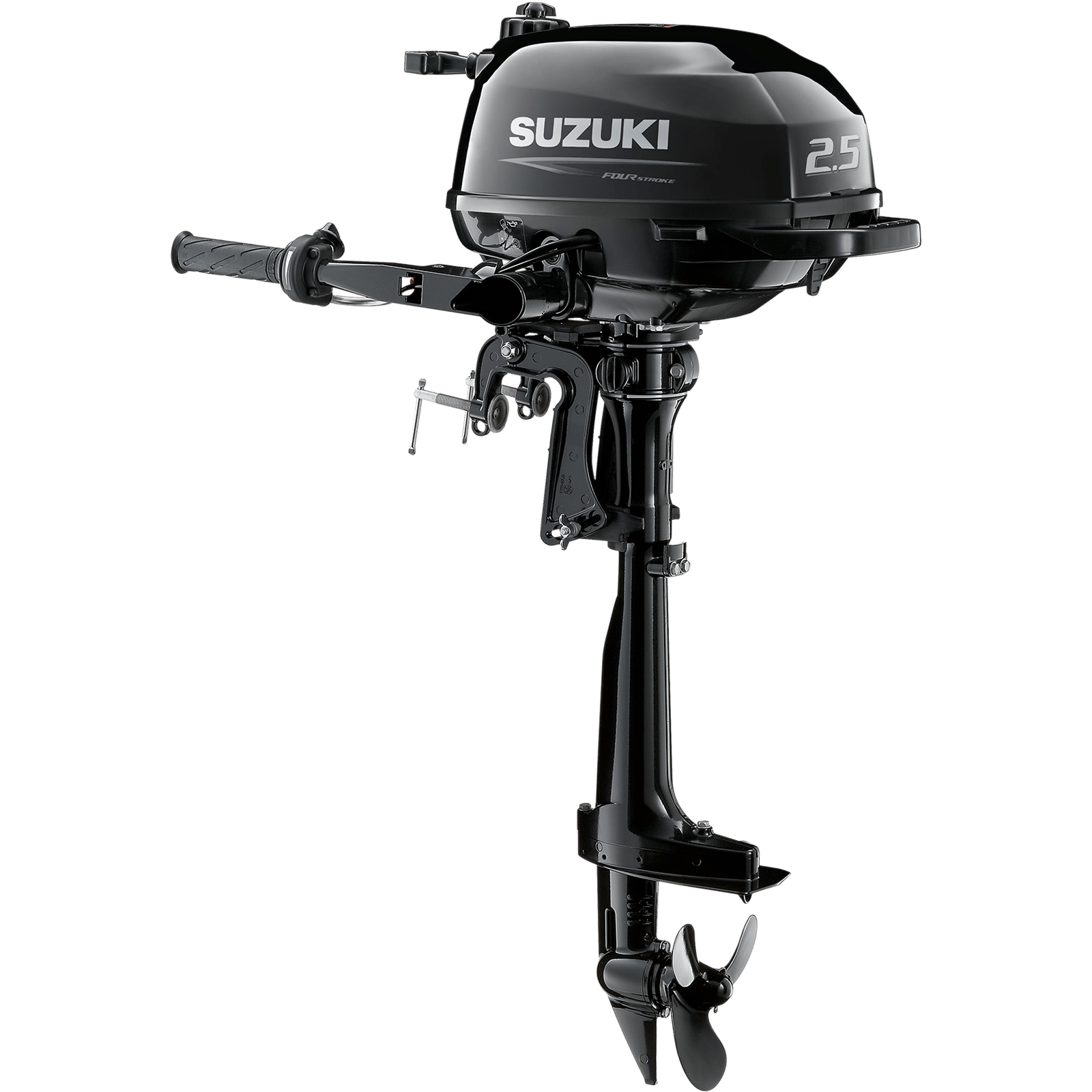 A black outboard motor with handle and propeller is shown against white background.