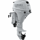 A white outboard motor with black propeller and control arm.