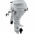 A white outboard motor with mechanical components and tilt mechanism.