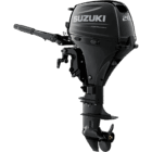A sleek black outboard motor with propeller and handle is shown against white background.