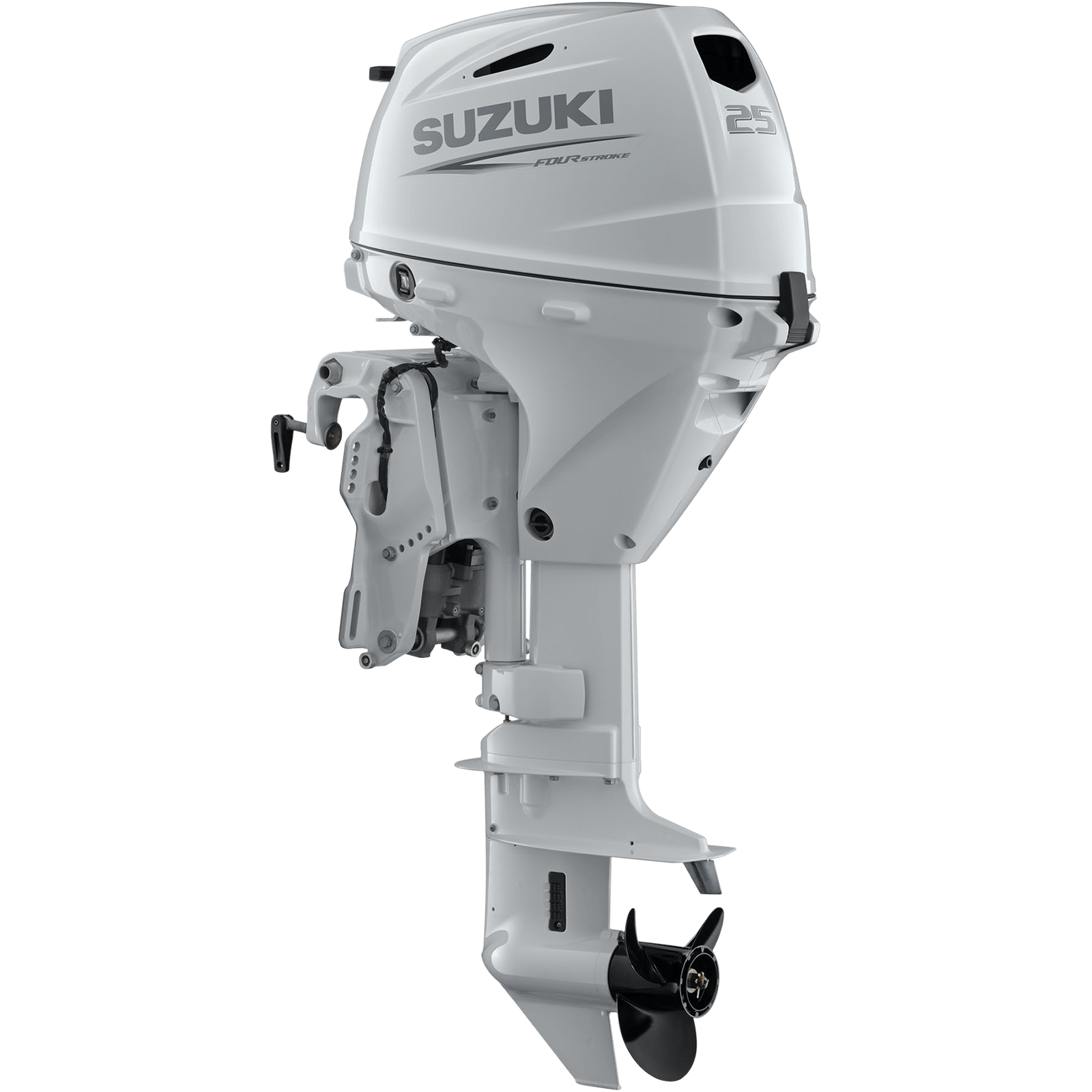 White outboard motor with propeller at bottom and Suzuki branding on top.