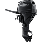 A sleek black outboard motor with propeller and handlebars stands against white background.