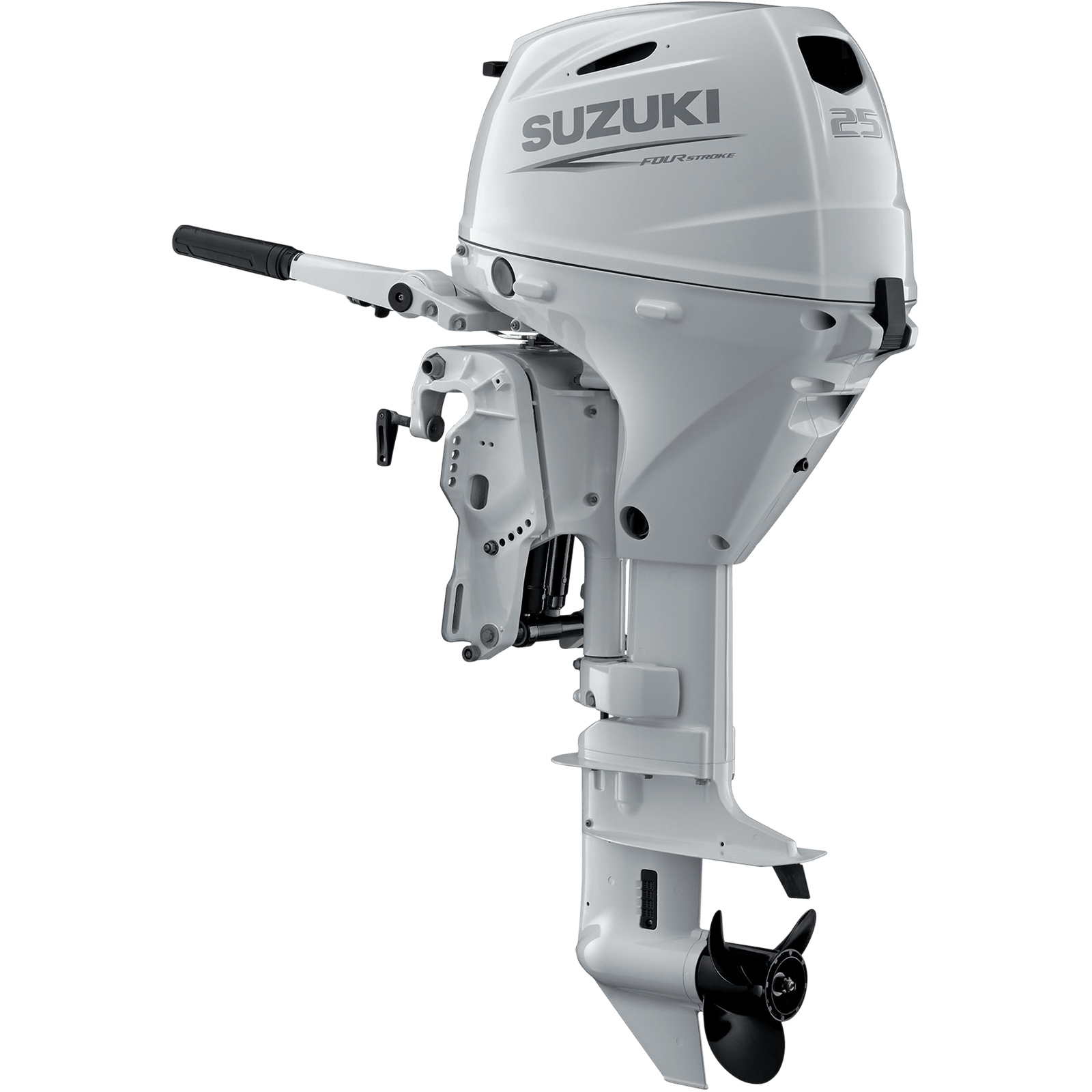White outboard motor with propeller and handle shown from side view.