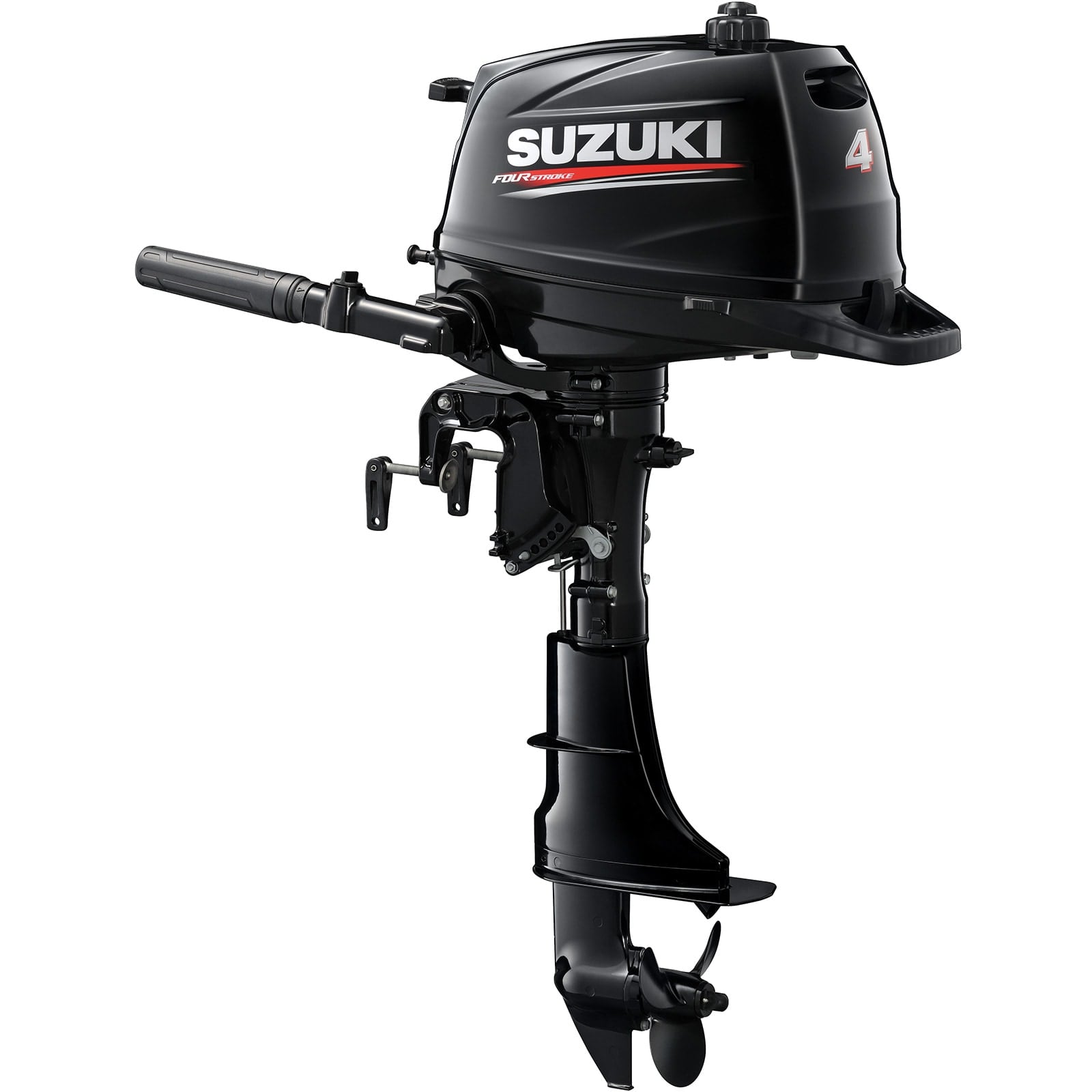 DF4AS5_a A black outboard motor with handle and propeller attached.