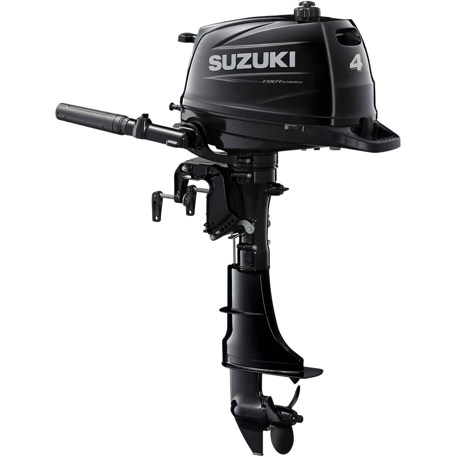 A sleek black outboard motor with handle and propeller.