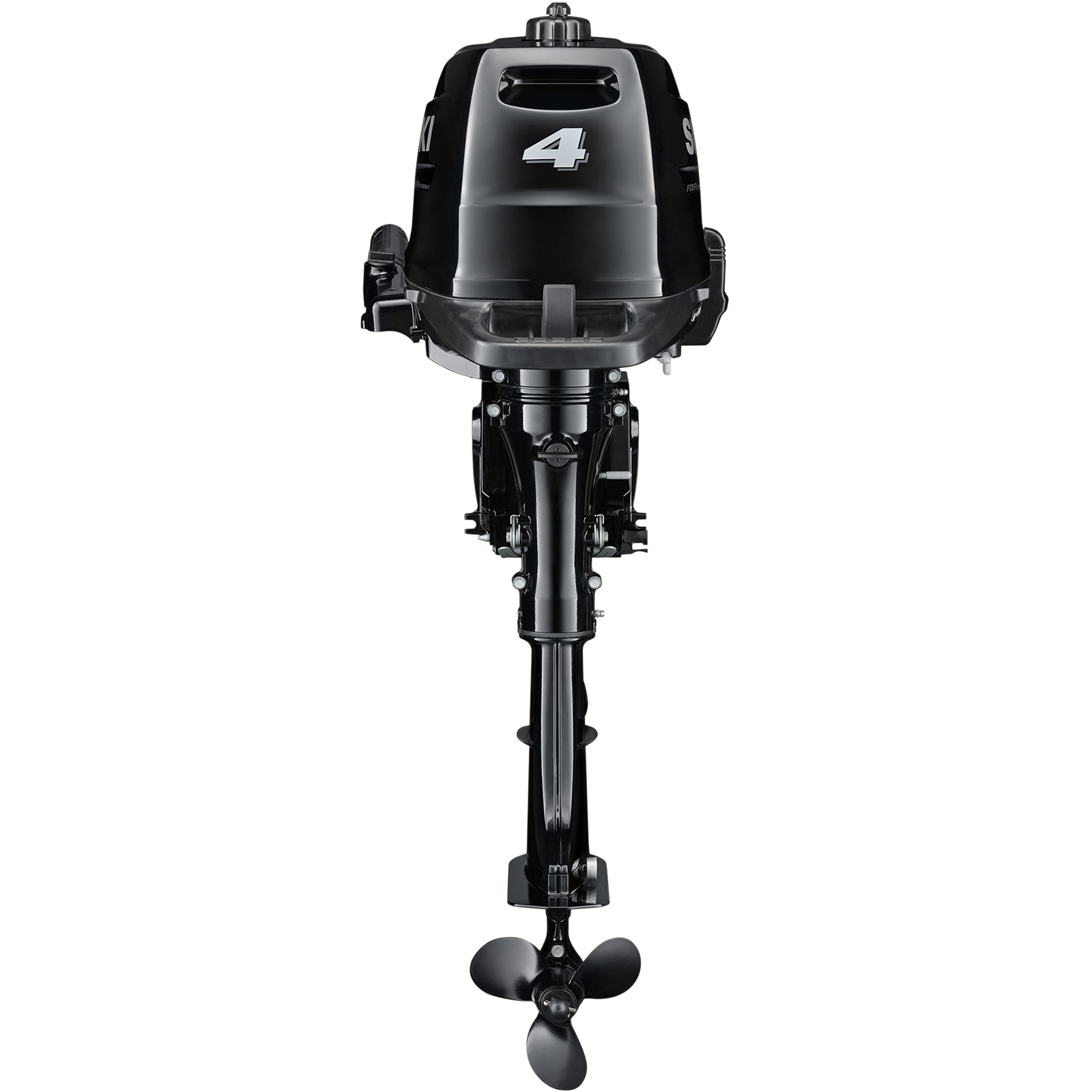 A black outboard motor with propeller and handle is shown against white background.