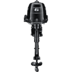 A black outboard motor with propeller at bottom and number six on top.