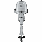A white outboard motor with black propeller and number six on top.