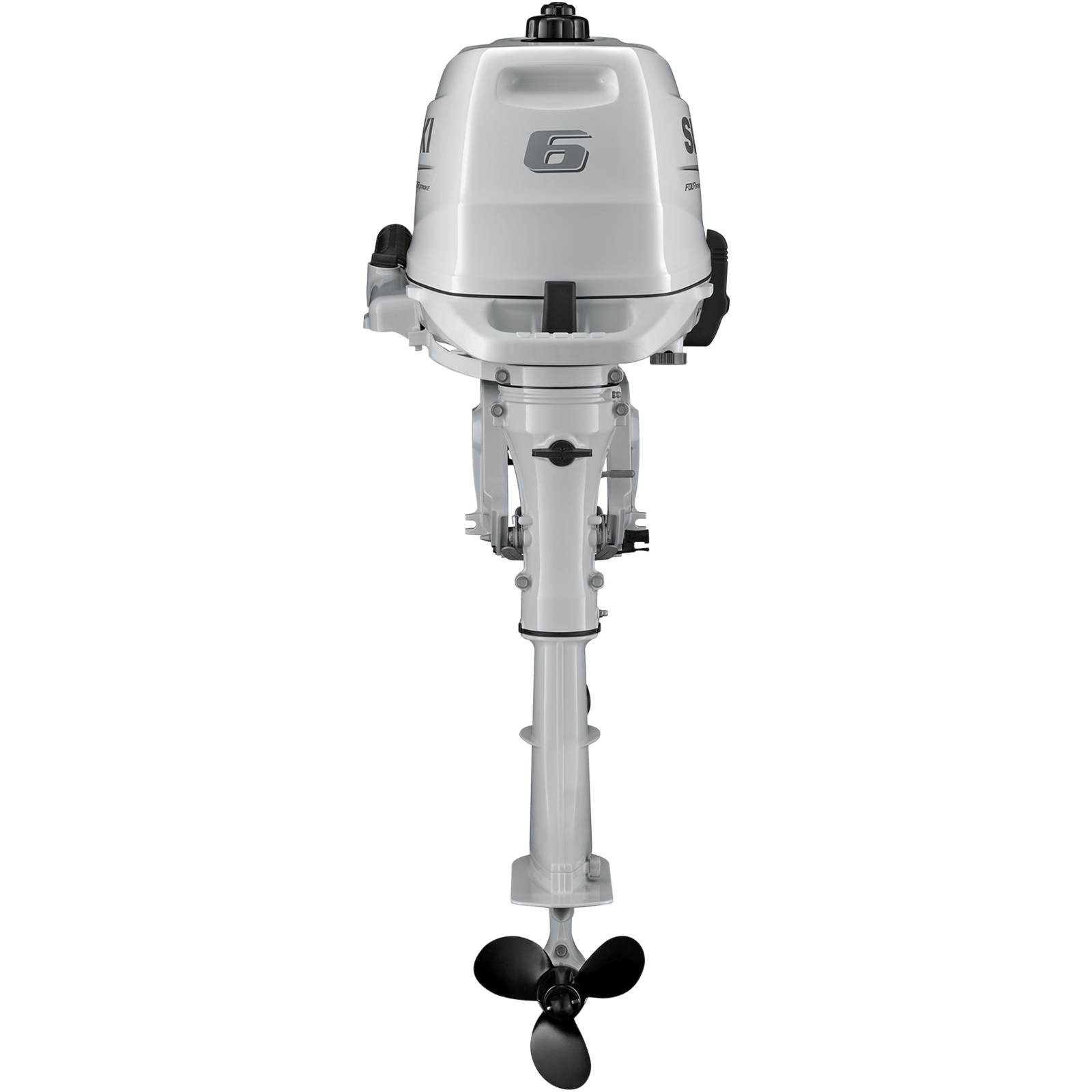 A white outboard motor with black propeller and number six on top.