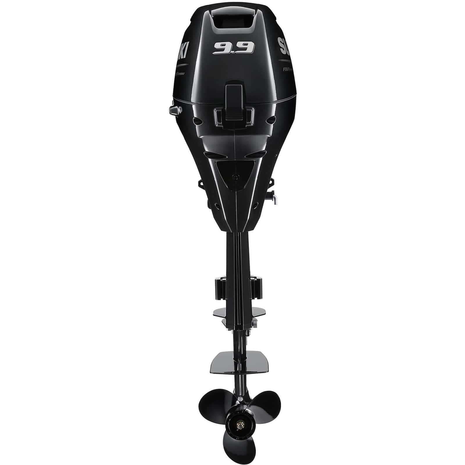 A sleek black outboard motor with propeller and handlebars.